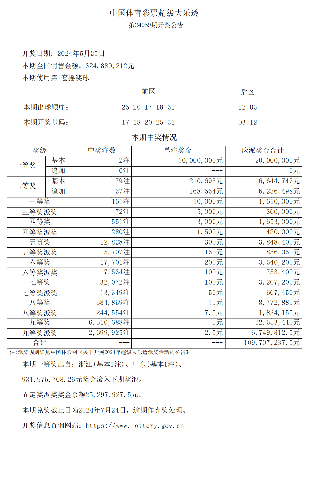 大乐透开奖号码结果